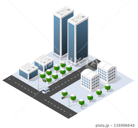 Isometric cityscape with skyscrapers, offices, and snowy trees in winter 138996648