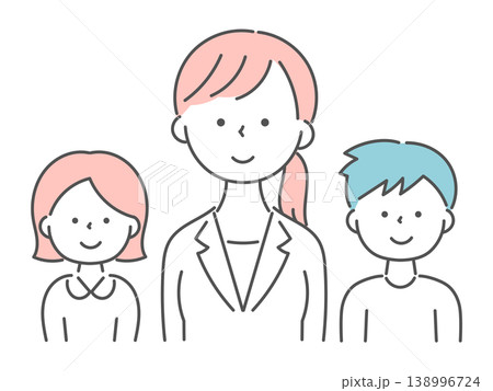 女性カウンセラーと男女の子供の正面イラスト単色 138996724