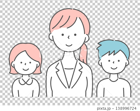 女性カウンセラーと男女の子供の正面イラスト単色 138996724