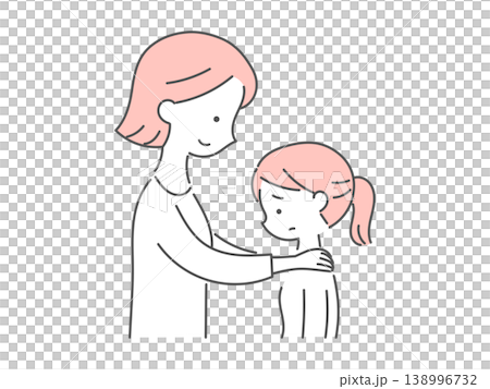 一幅黑白插圖，描繪了一位母親鼓勵她情緒低落的女兒。 138996732