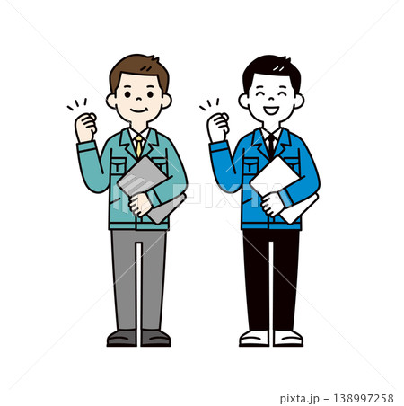ラップトップを持ってガッツポーズをする作業服を着た男性社員の全身ベクターイラスト素材セット 138997258