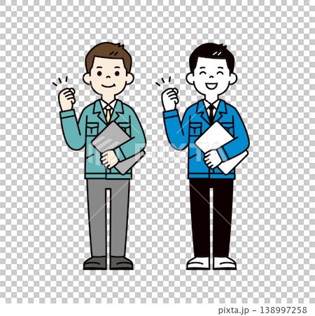 ラップトップを持ってガッツポーズをする作業服を着た男性社員の全身ベクターイラスト素材セット 138997258