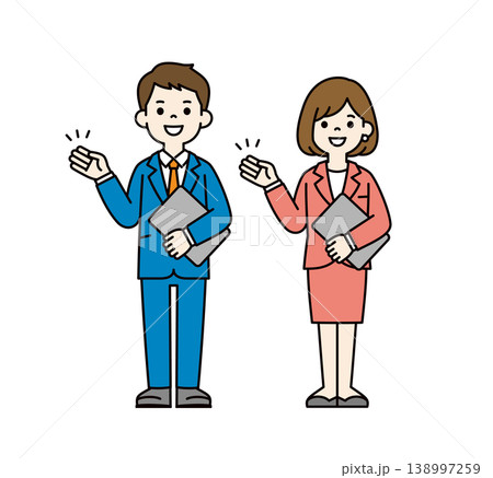 タブレットを持って紹介・案内する、若い男性社員と女性社員の全身ベクターイラスト素材セット 138997259