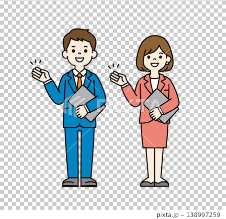 タブレットを持って紹介・案内する、若い男性社員と女性社員の全身ベクターイラスト素材セット 138997259