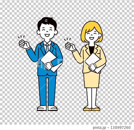 A set of full-body vector illustrations of young male and female business professionals holding laptops and giving explanations/presentations. 138997260