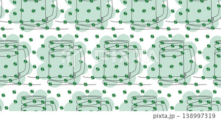 Continuous line Ale mug and quatrefoil clover leaves Seamless Pattern St Patrick Day Banner Format. Isolated Vector illustration Patrick Day Greetings backdrop Themed Cards or Media post, promo banner 138997319