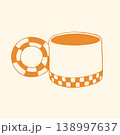 A stylish ceramic mug is decorated with a checkered border and a matching lifebuoy style handle. This creative vector art combines modern aesthetics with a playful hand drawn feel for lifestyle design 138997637