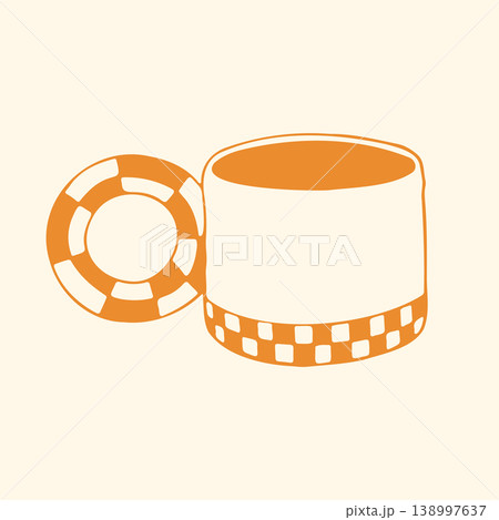 A stylish ceramic mug is decorated with a checkered border and a matching lifebuoy style handle. This creative vector art combines modern aesthetics with a playful hand drawn feel for lifestyle design A stylish ceramic mug is decorated with a checkered border and a matching lifebuoy style handle. This creative vector art combines modern aesthetics with a playful hand drawn feel for lifestyle design 138997637