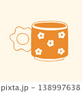 This hand drawn yellow mug features a charming daisy pattern and a unique flower shaped handle. The whimsical ceramic style illustration is perfect for cozy kitchen decor and cafe themed projects 138997638