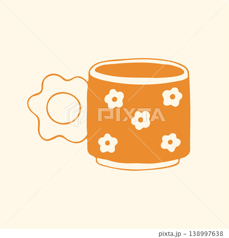 This hand drawn yellow mug features a charming daisy pattern and a unique flower shaped handle. The whimsical ceramic style illustration is perfect for cozy kitchen decor and cafe themed projects This hand drawn yellow mug features a charming daisy pattern and a unique flower shaped handle. The whimsical ceramic style illustration is perfect for cozy kitchen decor and cafe themed projects 138997638