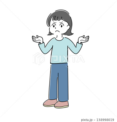 両手を広げて説明する女性の全身シンプルイラスト(怒り・注意・困惑・お手上げ・人物素材) 両手を広げて説明する女性の全身シンプルイラスト(怒り・注意・困惑・お手上げ・人物素材) 138998019