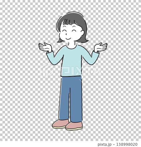 両手を広げた笑顔の女性の全身シンプルイラスト(案内・解説・困惑・お手上げ・人物) 両手を広げた笑顔の女性の全身シンプルイラスト(案内・解説・困惑・お手上げ・人物) 138998020