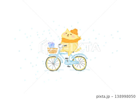 冬　自転車に乗っているかわいい猫　水彩イラスト素材 138998050