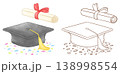 Graduation hat and graduation certificate painted in charcoal pencil style; Graduation hat and graduation certificate outline 138998554