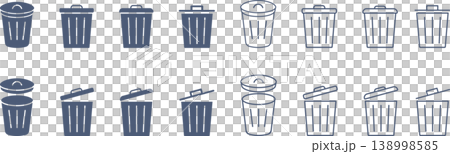 A set of assets for a trash can with a lid and handle, and an open icon. A set of assets for a trash can with a lid and handle, and an open icon. 138998585