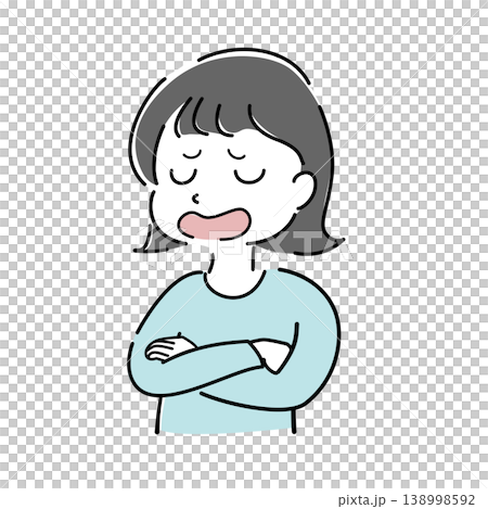 Simple illustration of a woman talking with her arms crossed (explanation, resignation, exasperation, confusion, character stock image) 138998592