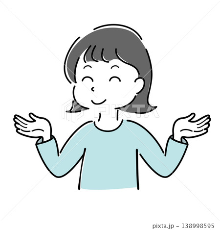 両手を広げた笑顔の女性のシンプルイラスト(案内・解説・比較・お手上げ・人物) 両手を広げた笑顔の女性のシンプルイラスト(案内・解説・比較・お手上げ・人物) 138998595