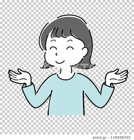 両手を広げた笑顔の女性のシンプルイラスト(案内・解説・比較・お手上げ・人物) 両手を広げた笑顔の女性のシンプルイラスト(案内・解説・比較・お手上げ・人物) 138998595