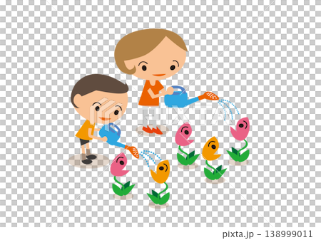 親子で花に水やりをする心温まる優しい日常風景イラスト 親子で花に水やりをする心温まる優しい日常風景イラスト 138999011