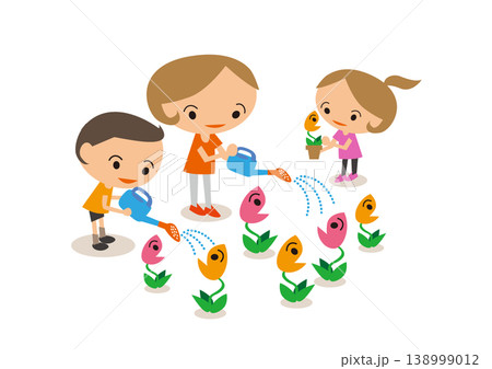 親子で花に水やりをする心温まる優しい日常風景イラスト 138999012