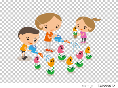 A heartwarming and gentle illustration depicting a parent and child watering flowers together in everyday life. 138999012
