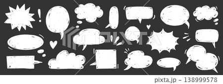 Speech doodle chalk balloon set. Speech doodle hand drawn crayon sketch on chalkboard . Balloon cloud text frame cartoon sticker comic dialog on vintage school blackboard. Vector 138999578