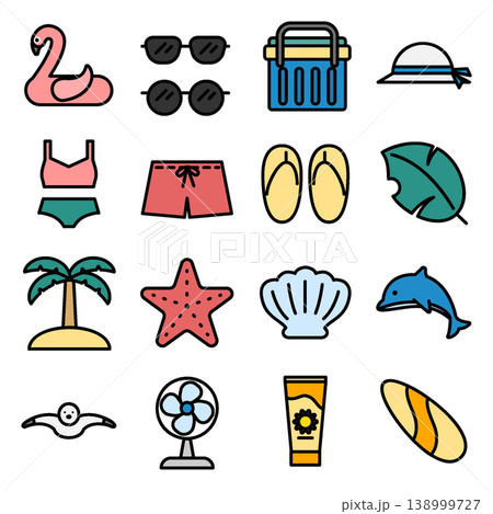 Summer Vacation Icon Set - Colored Outline Summer Vacation Icon Set - Colored Outline 138999727