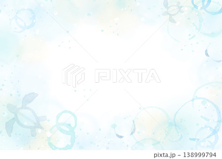 海の波紋とウミガメの水彩フレーム背景。夏のご挨拶や暑中見舞いのデザイン素材。 138999794