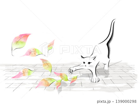 石畳で風に舞う落ち葉で遊ぶ猫 139000298