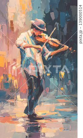 Violinist street musician violin bow hat painting male urban night scene with violinist street musician playing violin, bow raised, wearing hat, colorful oil painting style, moody rain reflection Violinist street musician violin bow hat painting male urban night scene with violinist street musician playing violin, bow raised, wearing hat, colorful oil painting style, moody rain reflection 139000514