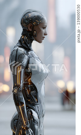 Female robot humanoid android cybernetic futuristic artificial intelligence side view city technology metallic Female robot humanoid android cybernetic futuristic artificial intelligence side view city technology metallic 139000530