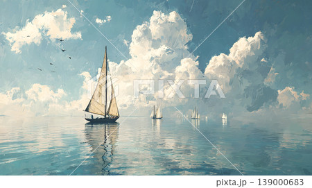 Sailboat seascape ocean calm water blue sky cloud horizon reflection sailing tranquil Seascape painting with sailboat gliding across calm ocean, blue sky filled with towering cloud, soft sunlight Sailboat seascape ocean calm water blue sky cloud horizon reflection sailing tranquil Seascape painting with sailboat gliding across calm ocean, blue sky filled with towering cloud, soft sunlight 139000683