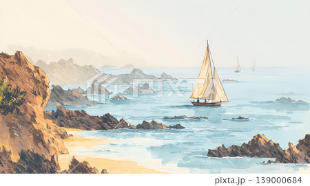 Sailboat sea coastline rocky shore ocean sunset watercolor painting beach sail 139000684