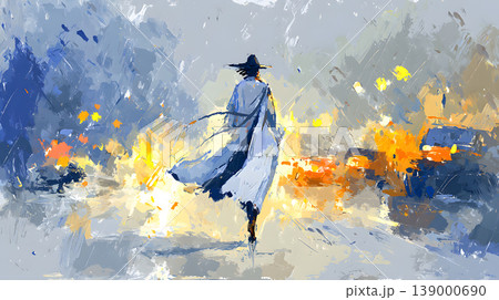 Abstract painting city street rainy night woman umbrella silhouette streetlight wet pavement car Abstract painting city street rainy night woman umbrella silhouette streetlight wet pavement car 139000690