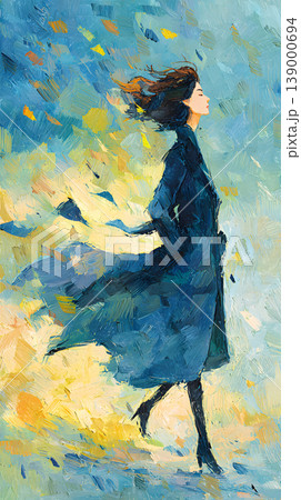 Woman wind coat autumn profile walking painting brushstroke illustration Woman walking wind wearing coat, autumn atmosphere, profile view, expressive brushstroke painting style, flowing hair Woman wind coat autumn profile walking painting brushstroke illustration Woman walking wind wearing coat, autumn atmosphere, profile view, expressive brushstroke painting style, flowing hair 139000694