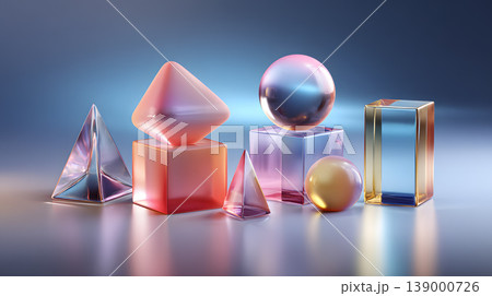 Abstract geometric shape 3d render glass prism sphere cube pastel color gradient background reflective surface minimalist still life with translucent objects, soft studio lighting, modern design 139000726