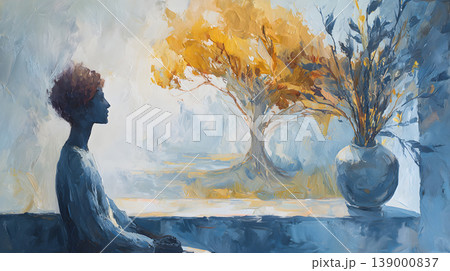 Silhouette woman window autumn tree vase flower painting interior serene mood, female figure sits by bright window beside vase of dried flowers, watching autumn tree in soft oil paint style Silhouette woman window autumn tree vase flower painting interior serene mood, female figure sits by bright window beside vase of dried flowers, watching autumn tree in soft oil paint style 139000837