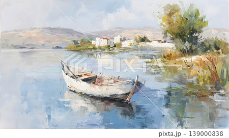 Boat lake watercolor landscape reflection shoreline tree village sky serene watercolor landscape of small wooden boat floating calm lake with reflection, shoreline tree, distant village buildings Boat lake watercolor landscape reflection shoreline tree village sky serene watercolor landscape of small wooden boat floating calm lake with reflection, shoreline tree, distant village buildings 139000838
