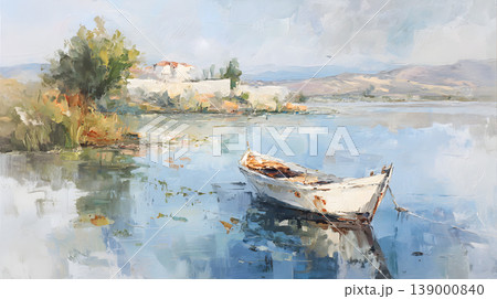 Lake boat watercolor landscape reflection calm shoreline painting nature sky, Lake boat watercolor landscape reflection calm shoreline painting nature sky with peaceful moored rowboat still water 139000840