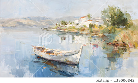Boat lake water reflection landscape painting serene shoreline blue Boat lake water reflection landscape painting serene shoreline blue 139000842