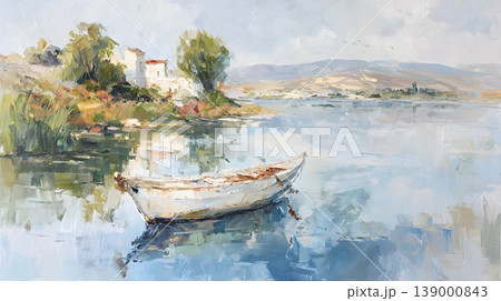 Lake boat watercolor landscape reflection calm Lakeside boat watercolor landscape reflection calm, serene lakeshore with small rowboat floating still water, soft brushstroke painting with distant 139000843
