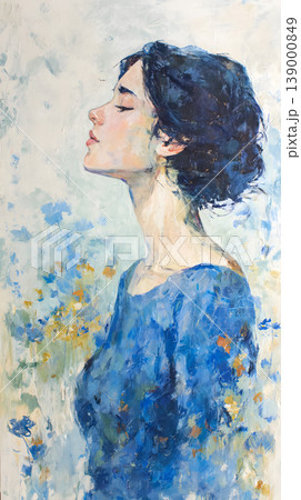 Woman profile portrait painting blue serene Woman profile portrait painting blue serene figure eyes closed dark hair soft light textured brushstroke calm mood abstract background fine art style Woman profile portrait painting blue serene Woman profile portrait painting blue serene figure eyes closed dark hair soft light textured brushstroke calm mood abstract background fine art style 139000849