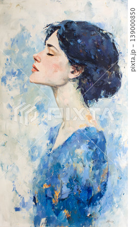 Woman portrait profile painting blue serene Woman portrait profile painting blue serene, young adult with dark hair bun, eyes closed, wearing blue dress, soft textured brushstroke background Woman portrait profile painting blue serene Woman portrait profile painting blue serene, young adult with dark hair bun, eyes closed, wearing blue dress, soft textured brushstroke background 139000850