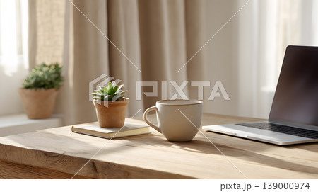 Home office laptop coffee cup wooden table succulent notebook window light minimalist workspace morning routine Modern home office workspace with laptop, coffee cup, succulent, notebook wooden Home office laptop coffee cup wooden table succulent notebook window light minimalist workspace morning routine Modern home office workspace with laptop, coffee cup, succulent, notebook wooden 139000974