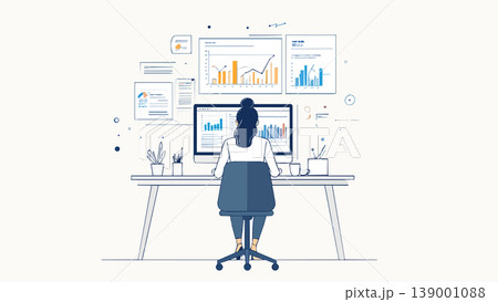 Businesswoman analyzing data on computer at desk 139001088