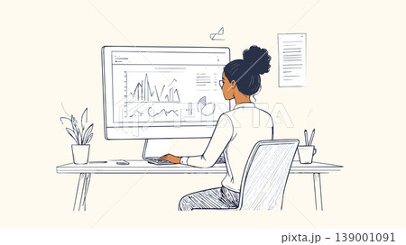 Business woman analyzing data on computer at desk Business woman analyzing data on computer at desk 139001091