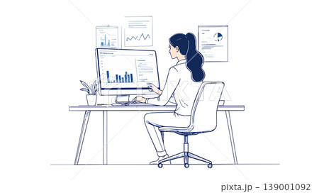 Businesswoman analyzing charts and graphs working remotely Businesswoman analyzing charts and graphs working remotely 139001092