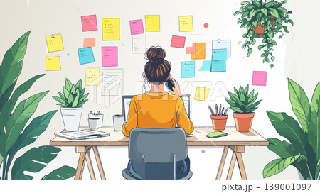 Woman working remotely, planning tasks, making call 139001097