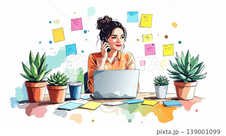 Woman working on laptop while talking on phone Woman working on laptop while talking on phone 139001099
