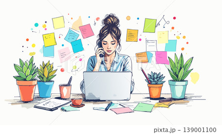 Woman multitasking, talking on phone, organizing tasks at home office Woman multitasking, talking on phone, organizing tasks at home office 139001100
